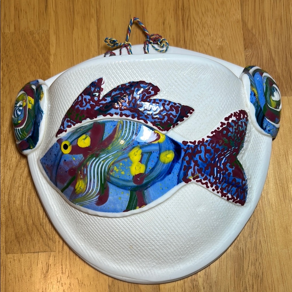 Artist Lucinda signed pottery fish Wall pocket Colorful Decor